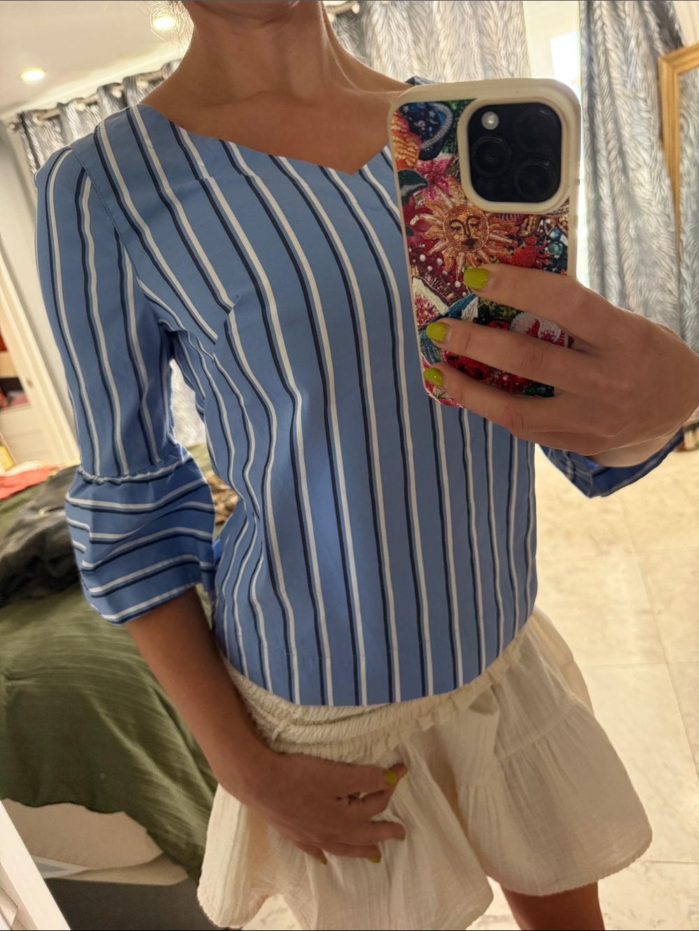 White House Black Market Emma striped V-neck blue blouse with bell 3/4 sleeves